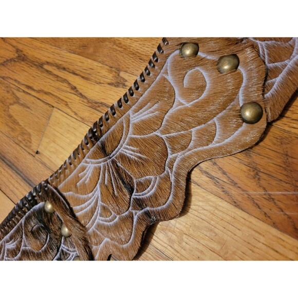 Handmade Wide Festival Belt Leather Cowhide Hair Fur Scalloped Floral Mandala main image 9